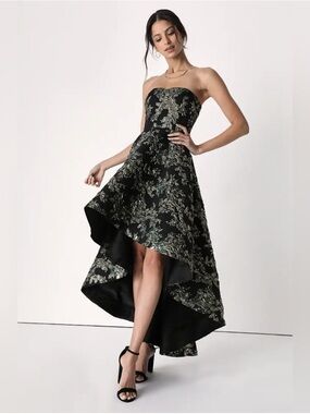Lulu's Black Strapless High-Low Floral Prom Dress